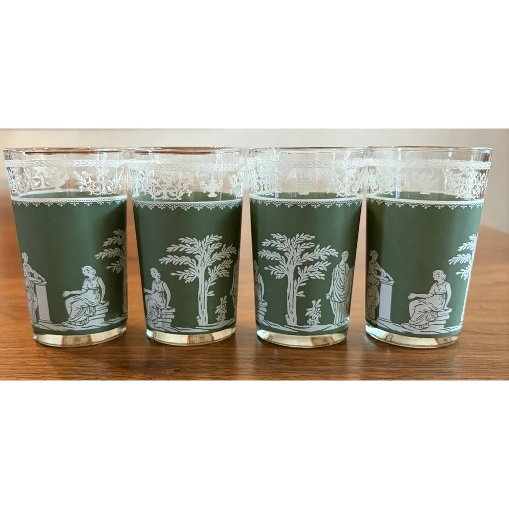 Jeannette Glass Hellenic Green 6 Oz Juice  Grecian Lot Of 4 MCM Greek Jasperware